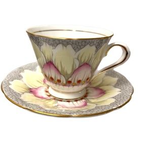Tuscan Vtg Teacup Saucer Hand Painted Magnolia Yellow/Pink Beaded Scalloped Edge